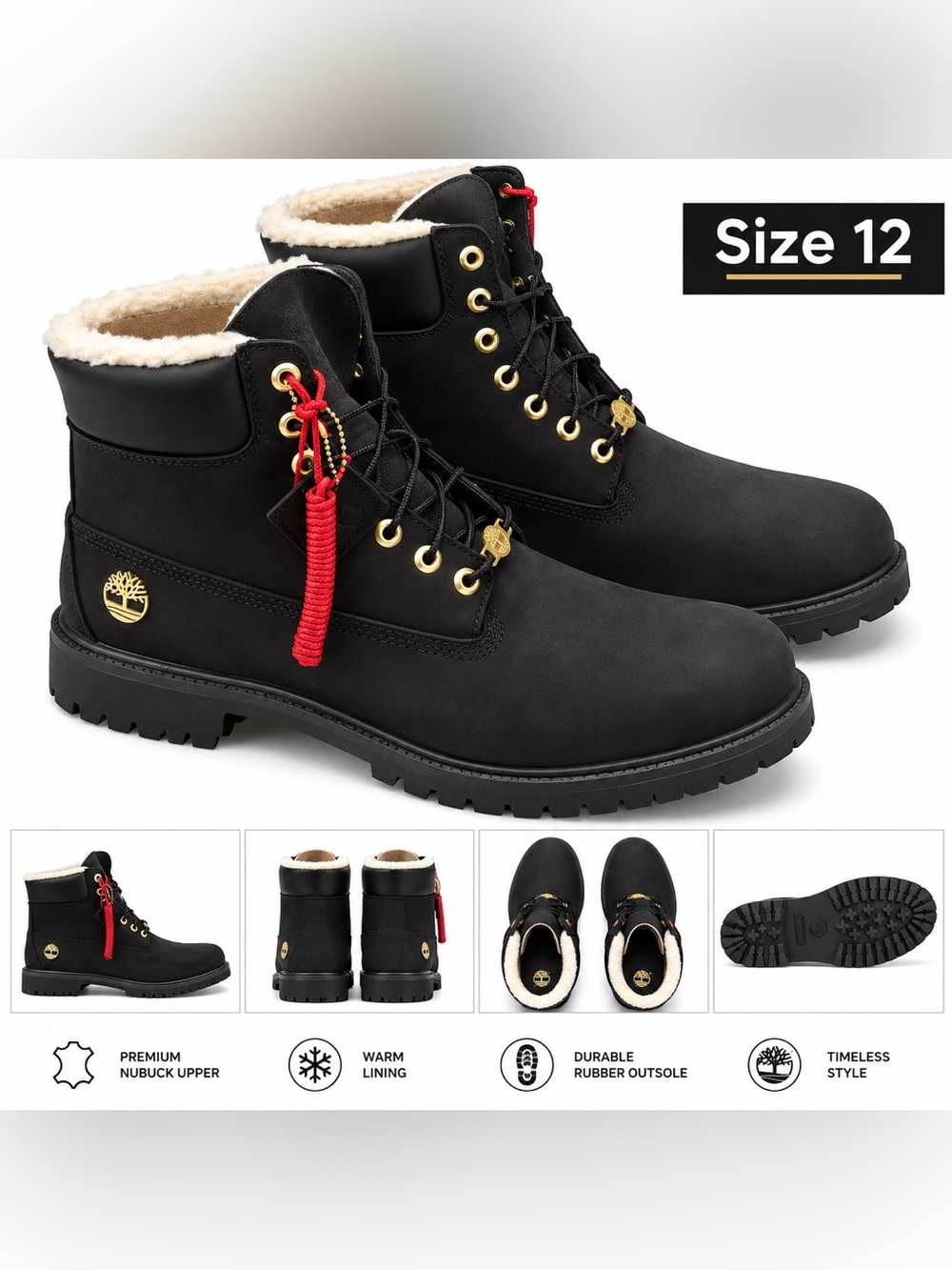 Timberland Men's Black Nubuck Boots with Gold Details
